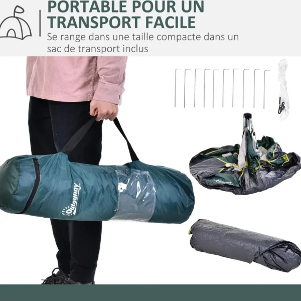 Tente de camping pop up 3 personnes porte 3 fenêtres sac de transport inclus fibre verre polyester PE jaune gris vert