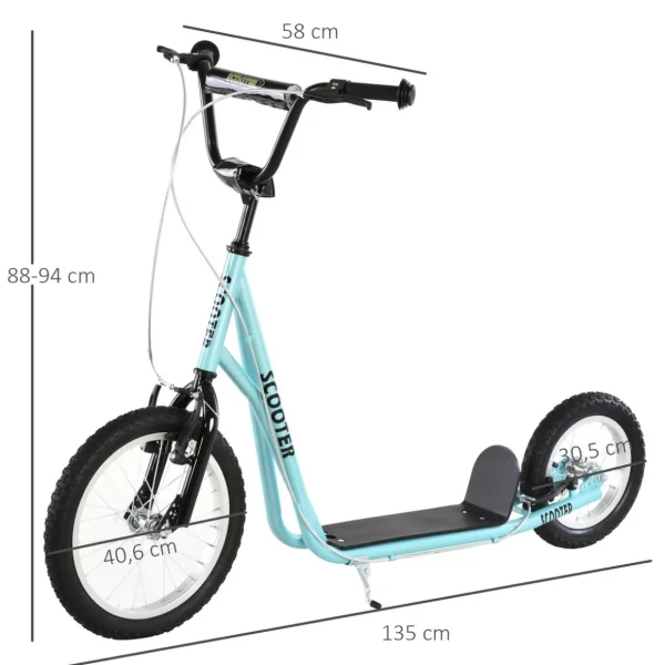 Trottinette patinette freestyle grandes roues pneumatiques Ø 40 et 30 cm hauteur guidon réglable frein AV/AR béquille acier bleu ciel noir