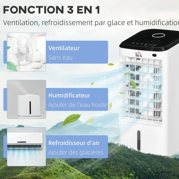 Ventilateur rafraichisseur humidificateur 3 en 1 - roulettes, télécommande - silencieux oscillant 65W - réservoir 3,5L - blanc noir