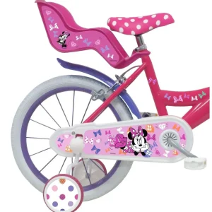 Vélo 16'' Fille Licence Minnie pour enfant de 105/120 cm avec stabilisateurs à molettes - Panier avant - Porte poupée arrière - 2 freins et pneus gonflables