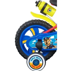 Vélo 12'' Garçon Licence Pat Patrouille pour enfant de 85/100 cm avec stabilisateurs à molettes - Plaque décorative avant - Porte bidon - 2 freins et roues batons