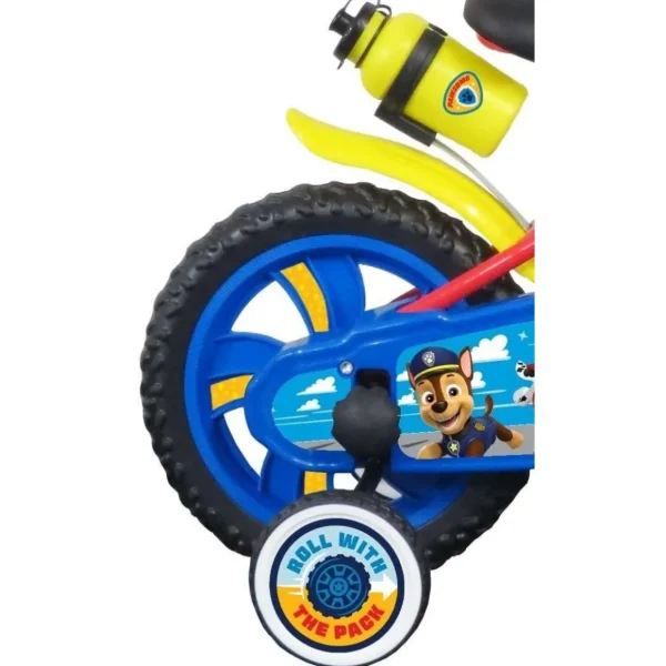 Vélo 12'' Garçon Licence Pat Patrouille pour enfant de 85/100 cm avec stabilisateurs à molettes - Plaque décorative avant - Porte bidon - 2 freins et roues batons