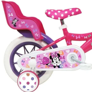 Vélo 12'' Fille Licence Minnie pour enfant de 85/100 cm avec stabilisateurs à molettes - 1 frein - Panier avant - Porte poupée arrière et roues batons