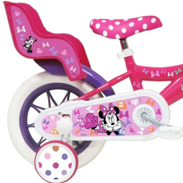 Vélo 12'' Fille Licence Minnie pour enfant de 85/100 cm avec stabilisateurs à molettes - 1 frein - Panier avant - Porte poupée arrière et roues batons