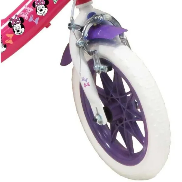 Vélo 12'' Fille Licence Minnie pour enfant de 85/100 cm avec stabilisateurs à molettes - 1 frein - Panier avant - Porte poupée arrière et roues batons