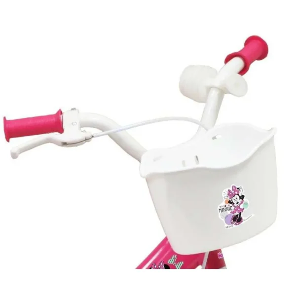 Vélo 12'' Fille Licence Minnie pour enfant de 85/100 cm avec stabilisateurs à molettes - 1 frein - Panier avant - Porte poupée arrière et roues batons