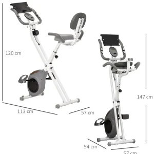 Vélo d'appartement pliable grand confort dossier selle réglable poignées ergonomiques écran LCD multifonction support tablette acier blanc gris