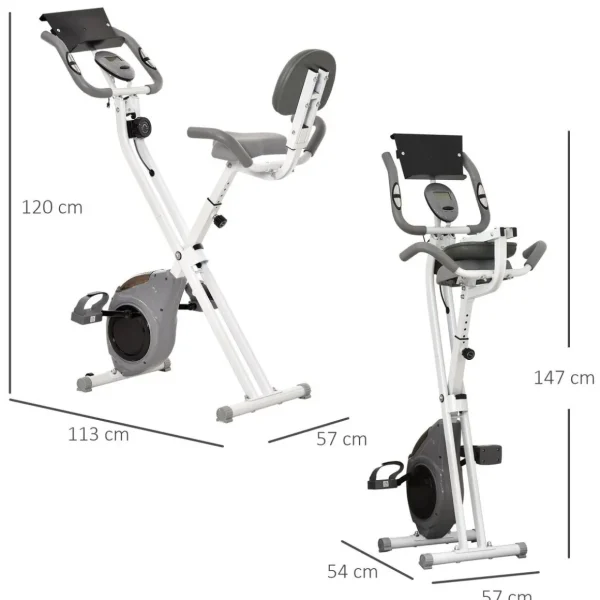 Vélo d'appartement pliable grand confort dossier selle réglable poignées ergonomiques écran LCD multifonction support tablette acier blanc gris