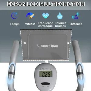 Vélo d'appartement pliable grand confort dossier selle réglable poignées ergonomiques écran LCD multifonction support tablette acier blanc gris