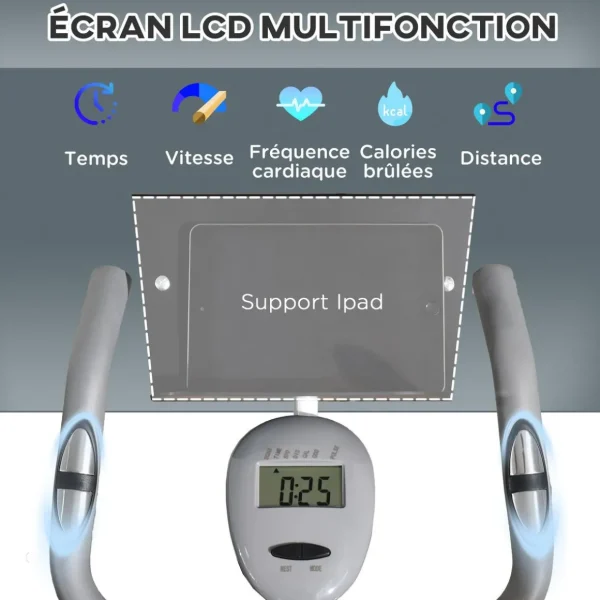 Vélo d'appartement pliable grand confort dossier selle réglable poignées ergonomiques écran LCD multifonction support tablette acier blanc gris