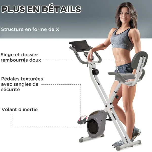 Vélo d'appartement pliable grand confort dossier selle réglable poignées ergonomiques écran LCD multifonction support tablette acier blanc gris